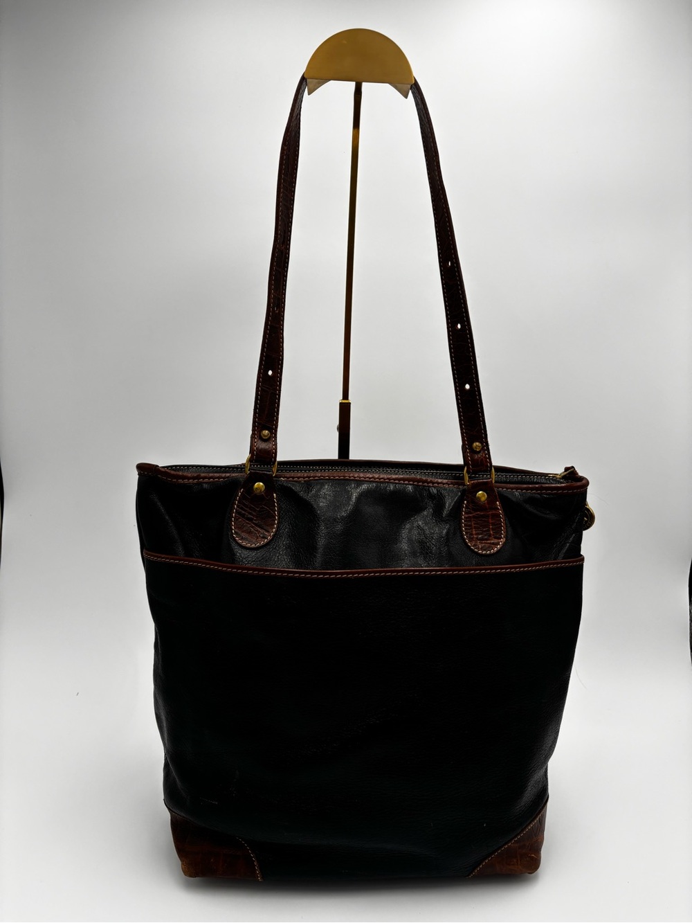 Brahmin Black Leather Croc Trim Tote Shoulder Bag
